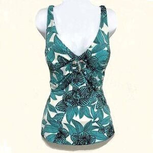 Cache Aqua White V-Neck Silver Rhinestone Snake Clip Padded Bust Top Vintage M